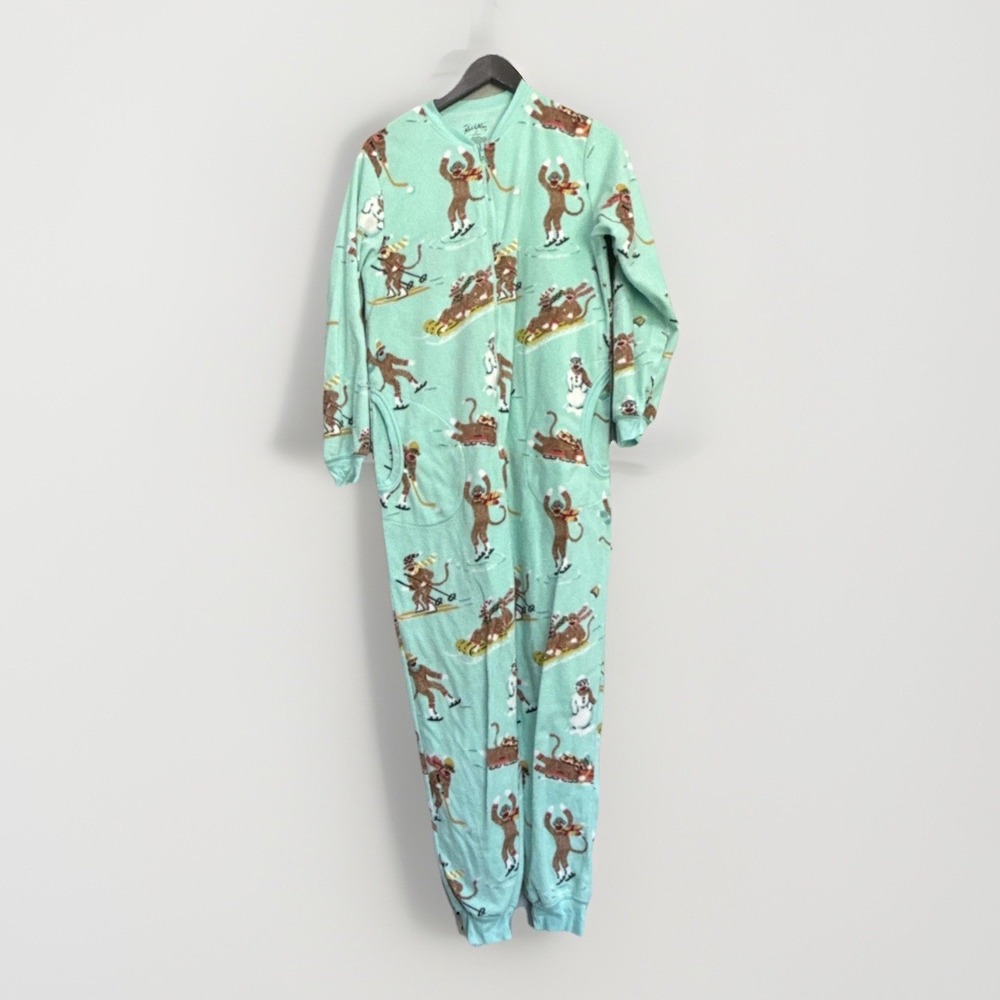 Nick Nora Pajamas Teal Sock Monkeys Fleece One Piece Skiing Sledding Womens Sz S